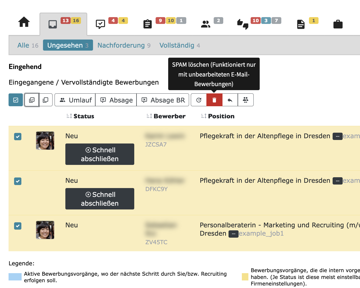 Neuer SPAM-Button in der Aktionsleiste der Sammelbearbeitung mit Tooltip-Hinweis