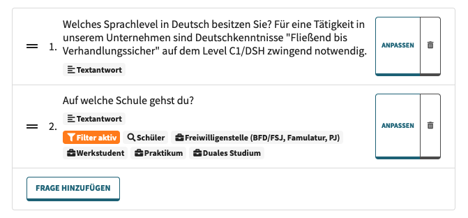 Fragenliste mit Filter-Badge und Anzeige der aktiven Filterkriterien